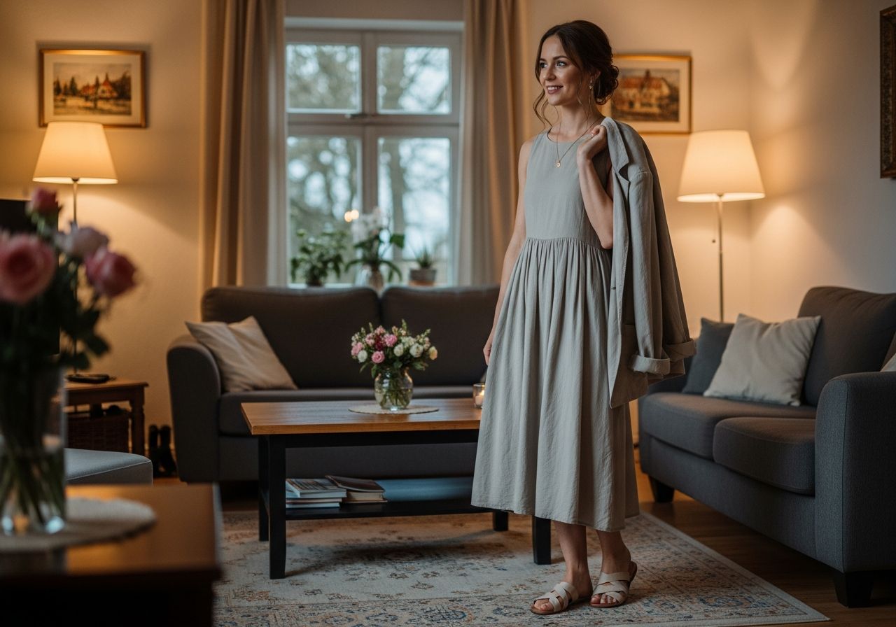 Młoda kobieta w eleganckiej, wygodnej sukience stoi w przytulnym salonie, trzymając lekką kurtkę.