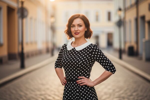 Stylowa kobieta w sukience w groszki pozująca na miejskiej ulicy oświetlonej złotą godziną.