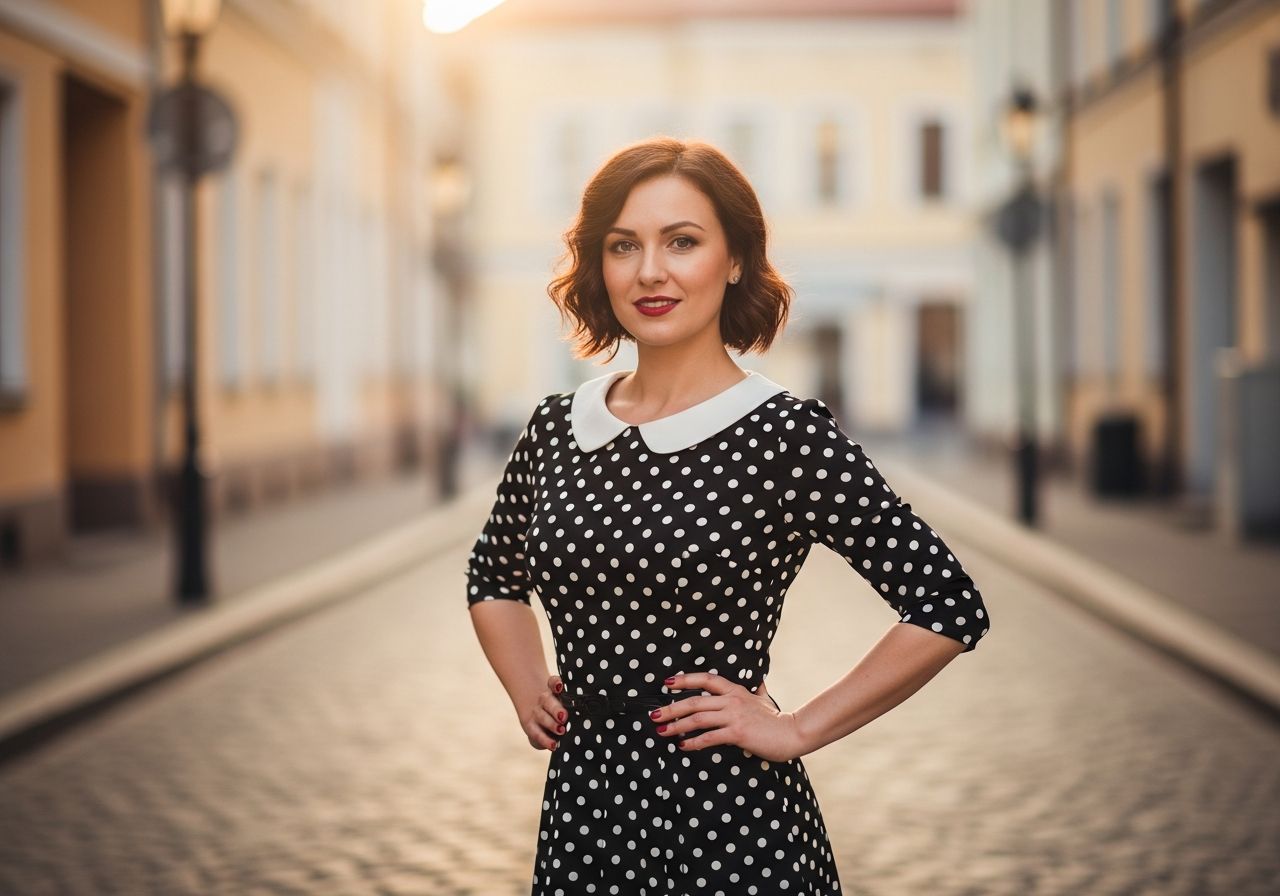 Stylowa kobieta w sukience w groszki pozująca na miejskiej ulicy oświetlonej złotą godziną.
