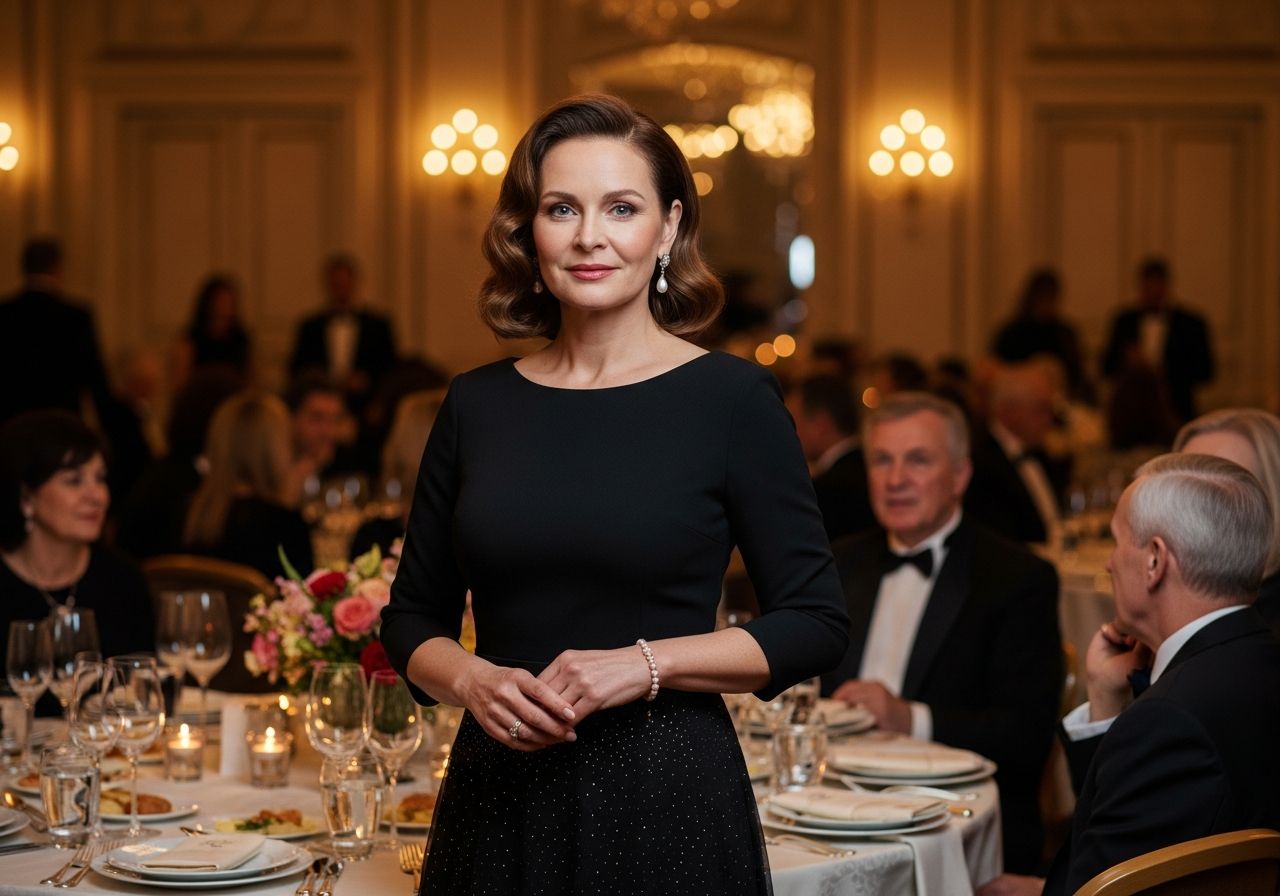 Elegancka kobieta w czarnej sukni stoi pewnie na luksusowym bankiecie z gośćmi w tle.