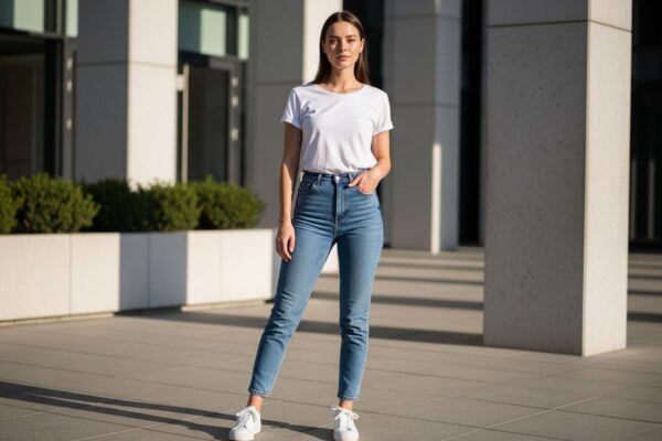 Młoda kobieta w białej koszulce i jeansach stoi pewnie na miejskiej ulicy w naturalnym świetle.