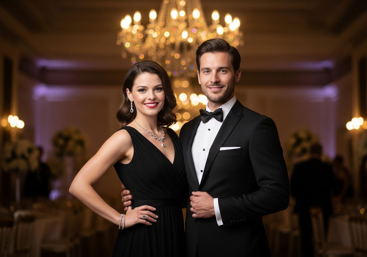 Elegancka para w wieczorowych strojach na gali, stojąca w luksusowym wnętrzu pod żyrandolem.