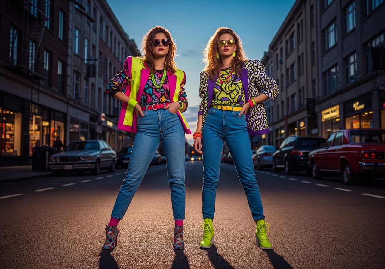 Dwoje młodych w modzie lat 80., kolorowe ubrania, neonowe dodatki, ulica z retro samochodami i sklepami.