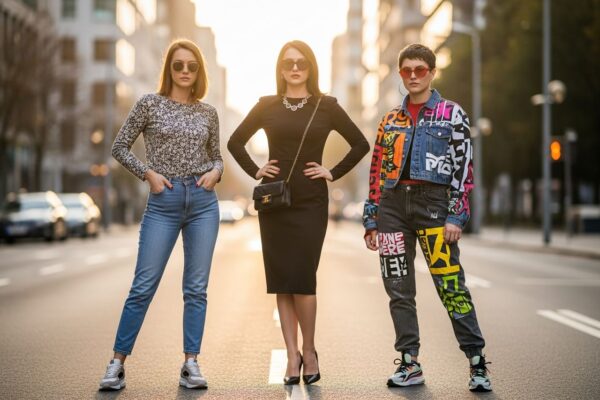 Trzy młode kobiety w różnych stylach modowych pozujące w miejskim otoczeniu podczas złotej godziny