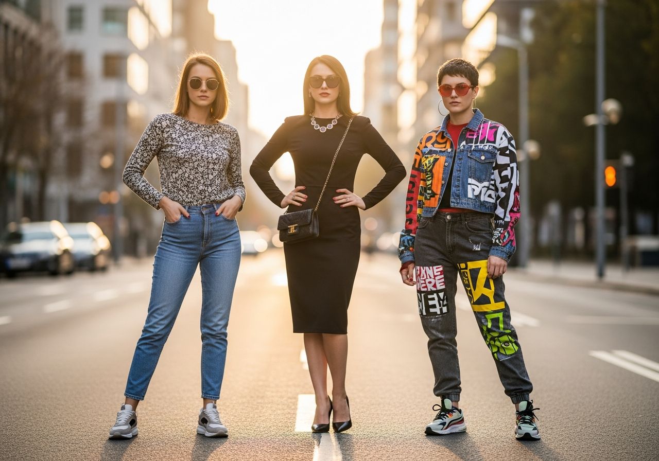 Trzy młode kobiety w różnych stylach modowych pozujące w miejskim otoczeniu podczas złotej godziny