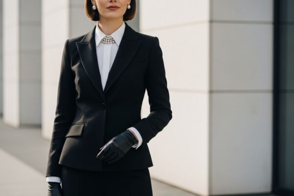 Stylowa kobieta w czarno-białej eleganckiej stylizacji na tle minimalistycznego, miejskiego tła