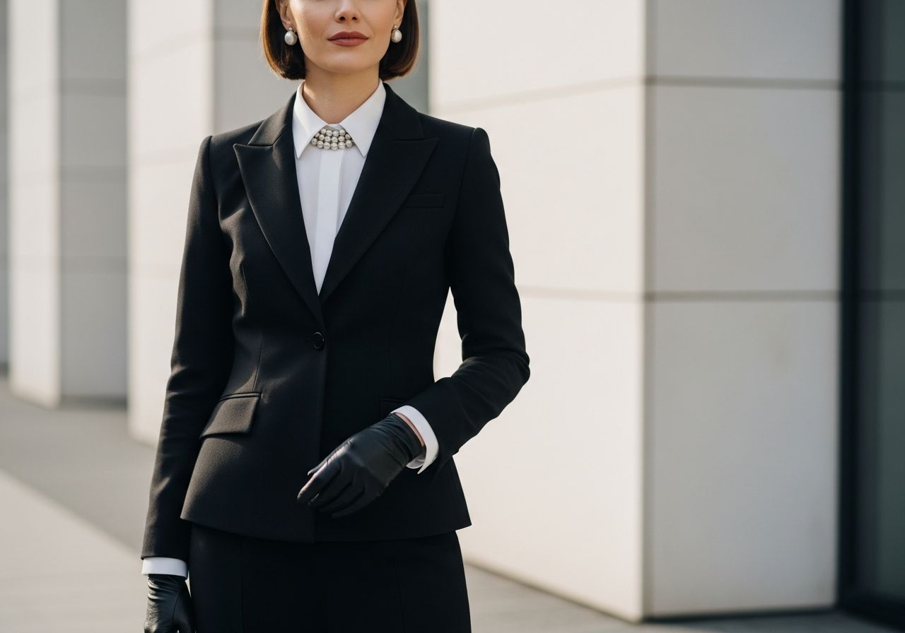 Stylowa kobieta w czarno-białej eleganckiej stylizacji na tle minimalistycznego, miejskiego tła