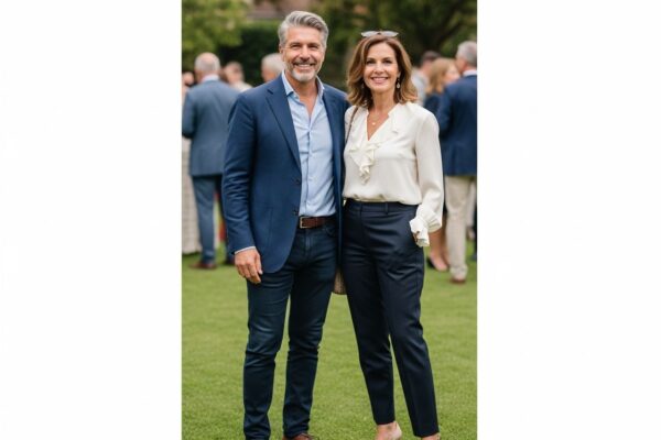 Średniowieczny mężczyzna i kobieta na zjeździe na tle ogrodu, uśmiechnięci, ubrani w elegancki casual.