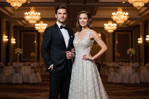 Mężczyzna i kobieta w eleganckich strojach stoją w luksusowej sali balowej przy ciepłym oświetleniu.