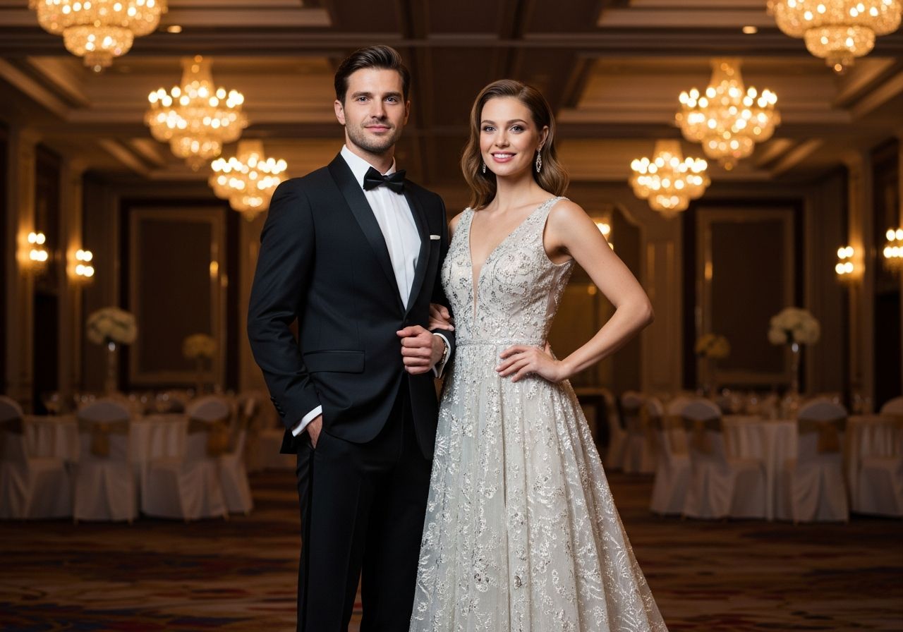 Mężczyzna i kobieta w eleganckich strojach stoją w luksusowej sali balowej przy ciepłym oświetleniu.