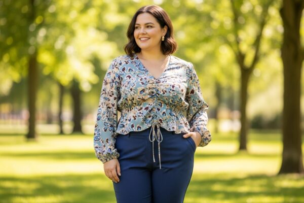Pewna siebie kobieta plus size w kolorowym stroju stoi na tle zielonego parku, uśmiechnięta i zrelaksowana.