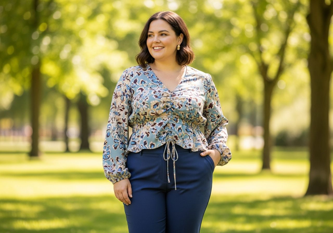 Pewna siebie kobieta plus size w kolorowym stroju stoi na tle zielonego parku, uśmiechnięta i zrelaksowana.