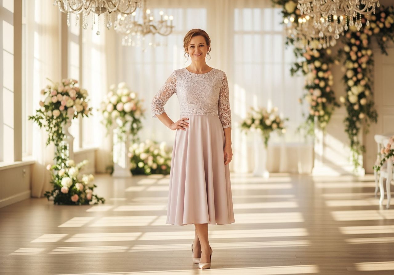 Średniowieczna kobieta w pastelowej sukni stoi pewnie w eleganckiej sali weselnej przy naturalnym świetle.