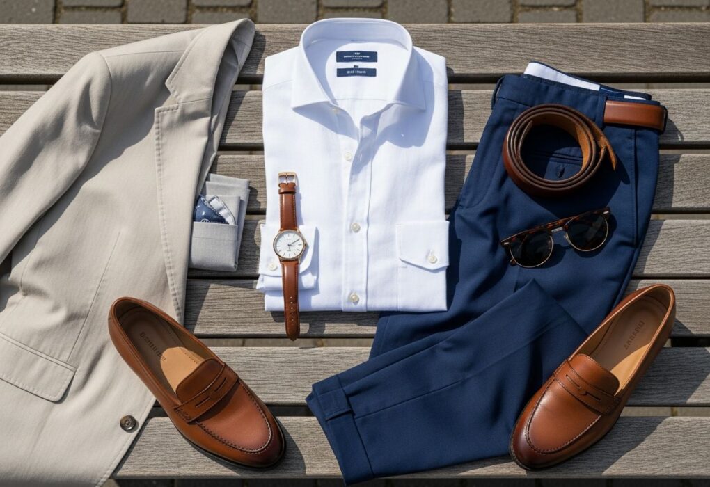 Stylowy smart casual na wesele: biała lniana koszula, granatowe chino, brązowe loafersy, beżowa marynarka, akcesoria.