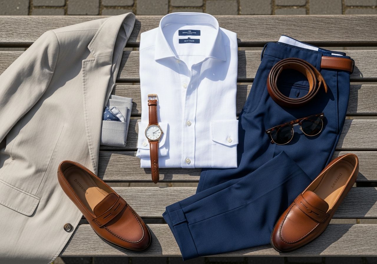 Stylowy smart casual na wesele: biała lniana koszula, granatowe chino, brązowe loafersy, beżowa marynarka, akcesoria.