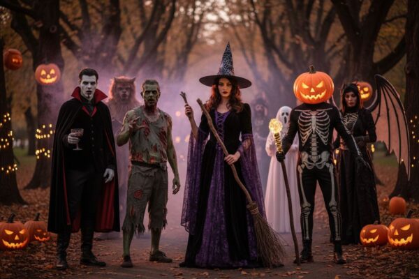 Grupa osób w różnorodnych kostiumach halloweenowych stoi razem na zewnątrz o zmierzchu.