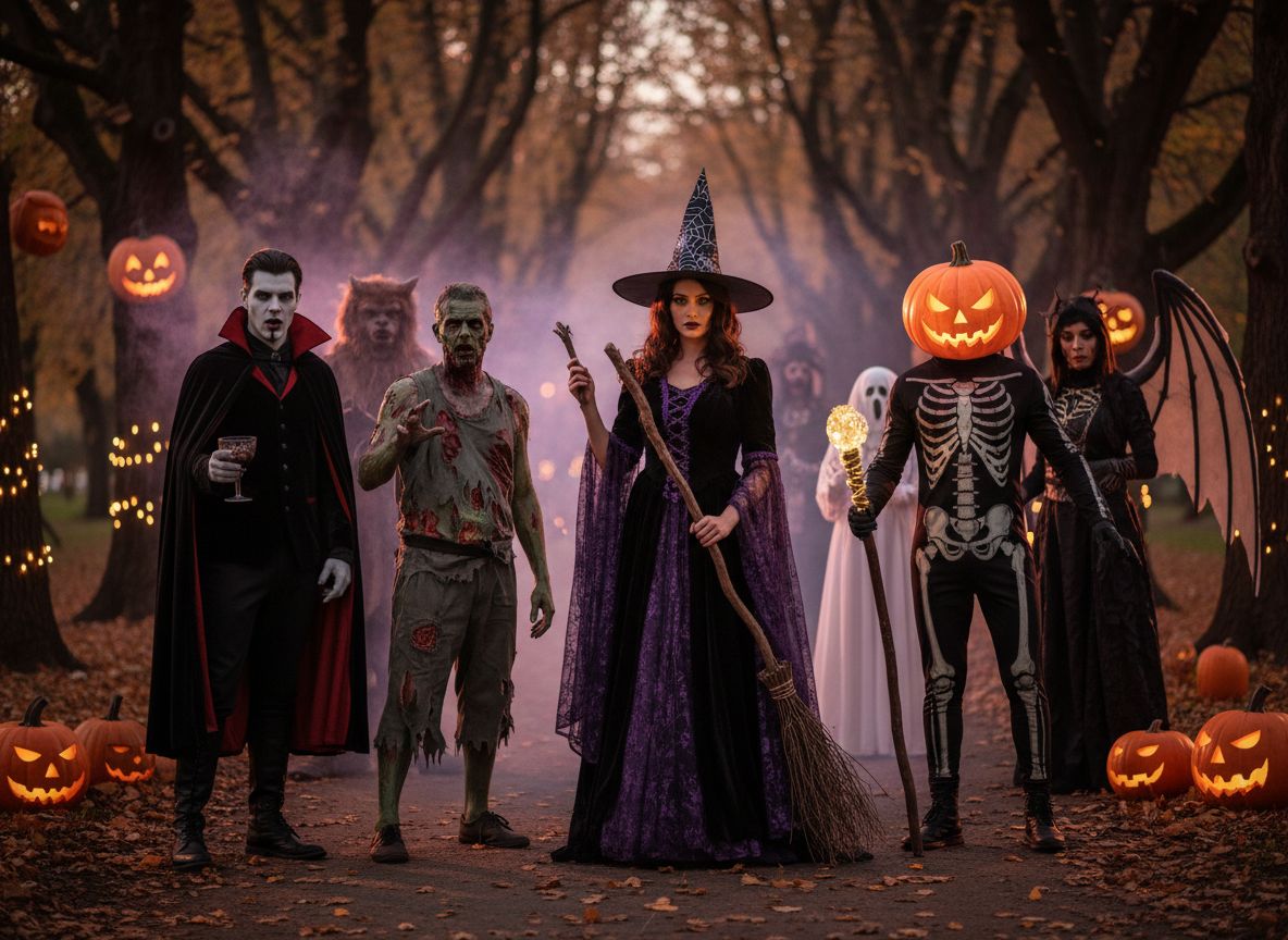 Grupa osób w różnorodnych kostiumach halloweenowych stoi razem na zewnątrz o zmierzchu.
