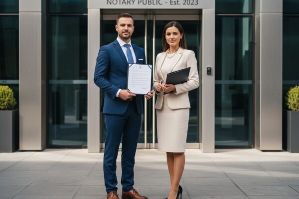 Profesjonalni mężczyzna i kobieta przed nowoczesnym biurem notarialnym trzymają dokumenty.