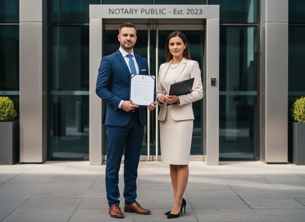 Profesjonalni mężczyzna i kobieta przed nowoczesnym biurem notarialnym trzymają dokumenty.